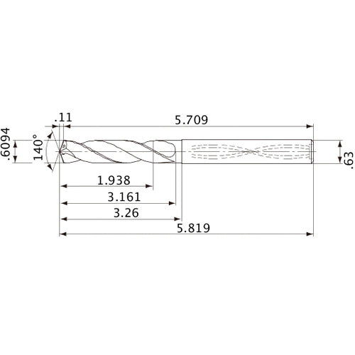 MVS1548X03S160 DP1020 0.6094″ Dia. × 0.63″ Shank × 3.161″ Flute Length × 5.819″ OAL, 140°, 2 Flute, Coolant Thru, Solid Carbide Drill