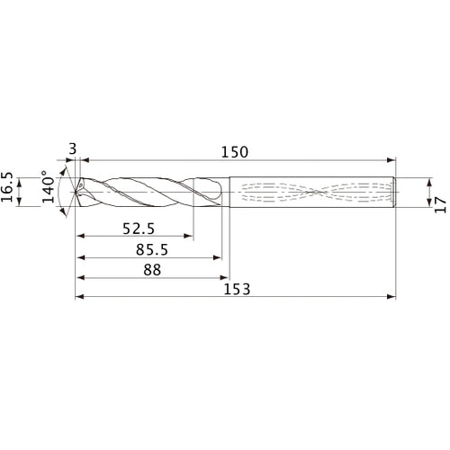 MVS1650X03S170 DP1020 16.5 mm Dia. × 17 mm Shank × 85.5 mm Flute Length × 153 mm OAL, 140°, 2 Flute, Coolant Thru, Solid Carbide Drill