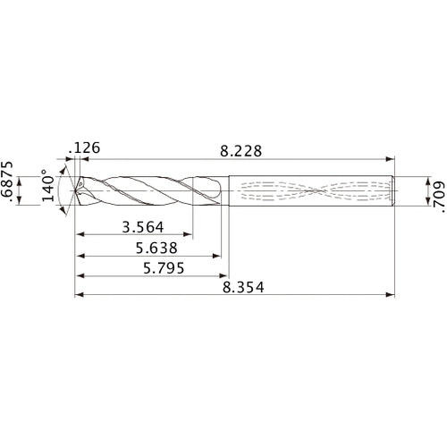 MVS1746X05S180 DP1020 11/16″ Dia. × 0.709″ Shank × 5.638″ Flute Length × 8.354″ OAL, 140°, 2 Flute, Coolant Thru, Solid Carbide Drill