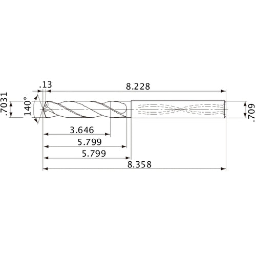 MVS1786X05S180 DP1020 0.7031″ Dia. × 0.709″ Shank × 5.799″ Flute Length × 8.358″ OAL, 140°, 2 Flute, Coolant Thru, Solid Carbide Drill