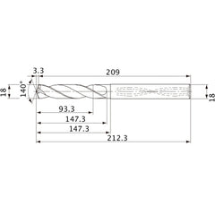 MVS1800X05S180 DP1020 18 mm Dia. × 18 mm Shank × 147.3 mm Flute Length × 212.3 mm OAL, 140°, 2 Flute, Coolant Thru, Solid Carbide Drill