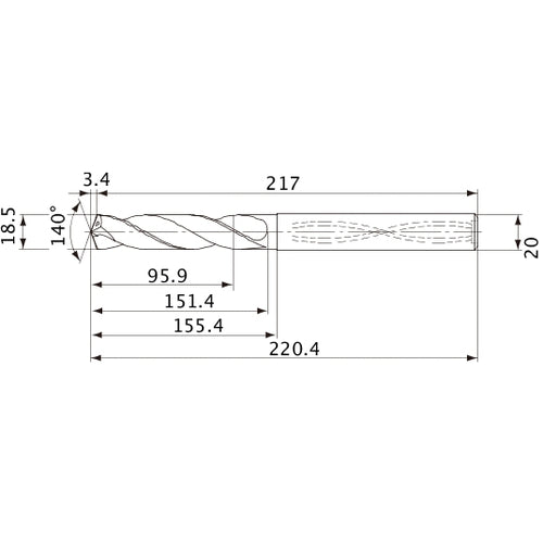 MVS1850X05S200 DP1020 18.5 mm Dia. × 20 mm Shank × 151.4 mm Flute Length × 220.4 mm OAL, 140°, 2 Flute, Coolant Thru, Solid Carbide Drill
