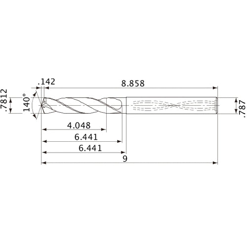 MVS1984X05S200 DP1020 0.7812″ Dia. × 0.787″ Shank × 6.441″ Flute Length × 9″ OAL, 140°, 2 Flute, Coolant Thru, Solid Carbide Drill
