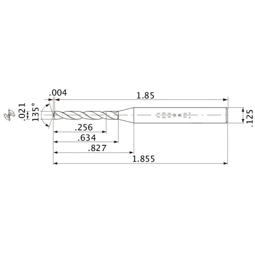 MWS00210XB VP15TF 0.021″ Dia. × 1/8″ Shank × 0.634″ Flute Length × 1.855″ OAL, 135°, 2 Flute, Coolant Thru, Solid Carbide Drill