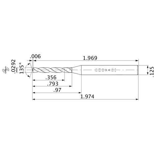 MWS00292XB VP15TF 0.0292″ Dia. × 1/8″ Shank × 0.793″ Flute Length × 1.974″ OAL, 135°, 2 Flute, Coolant Thru, Solid Carbide Drill