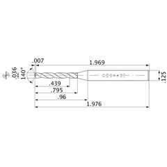 MWS00360XB VP15TF 0.036″ Dia. × 1/8″ Shank × 0.795″ Flute Length × 1.976″ OAL, 140°, 2 Flute, Coolant Thru, Solid Carbide Drill