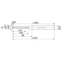 MWS00370XB VP15TF 0.037″ Dia. × 1/8″ Shank × 0.795″ Flute Length × 1.976″ OAL, 140°, 2 Flute, Coolant Thru, Solid Carbide Drill