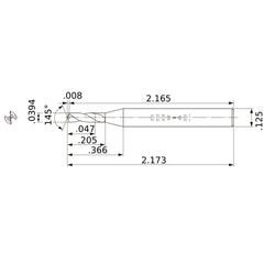 MWS00394SB VP15TF 0.0394″ Dia. × 1/8″ Shank × 0.205″ Flute Length × 2.173″ OAL, 145°, 2 Flute, Coolant Thru, Solid Carbide Drill