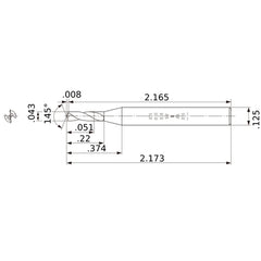 MWS00430SB VP15TF 0.043″ Dia. × 1/8″ Shank × 0.22″ Flute Length × 2.173″ OAL, 145°, 2 Flute, Coolant Thru, Solid Carbide Drill