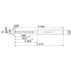 MWS00465XB VP15TF 0.0465″ Dia. × 1/8″ Shank × 0.913″ Flute Length × 2.173″ OAL, 135°, 2 Flute, Coolant Thru, Solid Carbide Drill