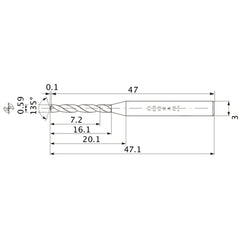 MWS0059XB VP15TF 0.59 mm Dia. × 3 mm Shank × 16.1 mm Flute Length × 47.1 mm OAL, 135°, 2 Flute, Coolant Thru, Solid Carbide Drill