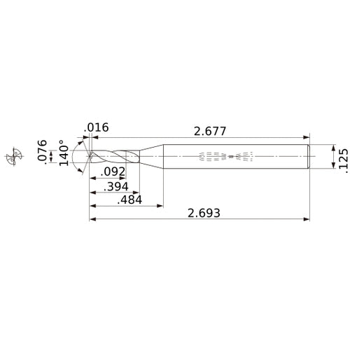 MWS00760SB VP15TF 0.076″ Dia. × 1/8″ Shank × 0.394″ Flute Length × 2.693″ OAL, 140°, 2 Flute, Coolant Thru, Solid Carbide Drill