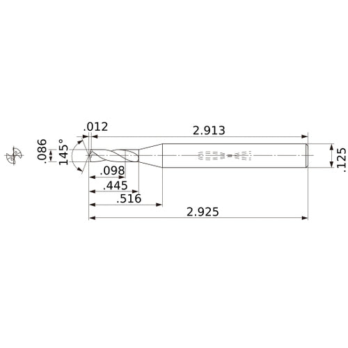 MWS00860SB VP15TF 0.086″ Dia. × 1/8″ Shank × 0.445″ Flute Length × 2.925″ OAL, 145°, 2 Flute, Coolant Thru, Solid Carbide Drill