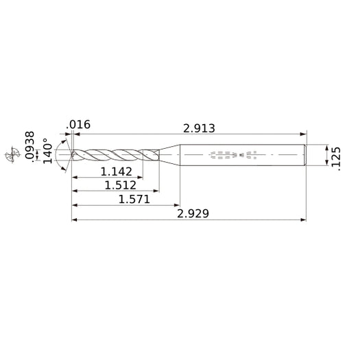 MWS00938XB VP15TF 0.0938″ Dia. × 1/8″ Shank × 1.512″ Flute Length × 2.929″ OAL, 140°, 2 Flute, Coolant Thru, Solid Carbide Drill