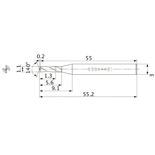 MWS0110SB VP15TF 1.1 mm Dia. × 3 mm Shank × 5.6 mm Flute Length × 55.2 mm OAL, 140°, 2 Flute, Coolant Thru, Solid Carbide Drill