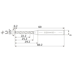 MWS0110X20DB VP15TF 1.1 mm Dia. × 3 mm Shank × 25.2 mm Flute Length × 60.2 mm OAL, 135°, 2 Flute, Coolant Thru, Solid Carbide Drill