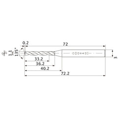 MWS0110X30DB VP15TF 1.1 mm Dia. × 3 mm Shank × 36.2 mm Flute Length × 72.2 mm OAL, 135°, 2 Flute, Coolant Thru, Solid Carbide Drill