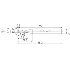 MWS0125SB VP15TF 1.25 mm Dia. × 3 mm Shank × 6.4 mm Flute Length × 55.2 mm OAL, 140°, 2 Flute, Coolant Thru, Solid Carbide Drill