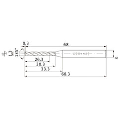 MWS0130X20DB VP15TF 1.3 mm Dia. × 3 mm Shank × 30.3 mm Flute Length × 68.3 mm OAL, 135°, 2 Flute, Coolant Thru, Solid Carbide Drill