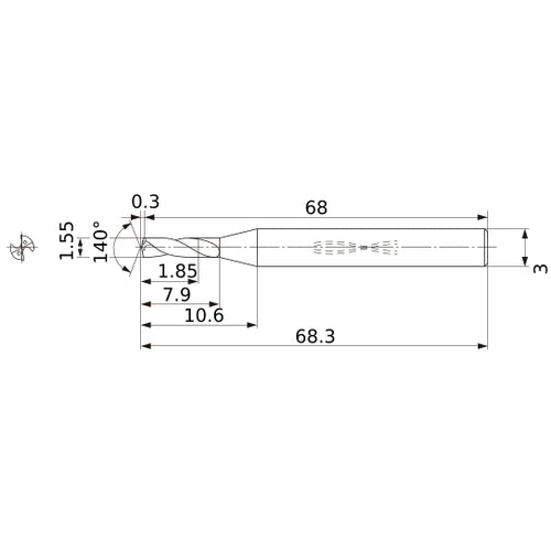 MWS0155SB VP15TF 1.55 mm Dia. × 3 mm Shank × 7.9 mm Flute Length × 68.3 mm OAL, 140°, 2 Flute, Coolant Thru, Solid Carbide Drill