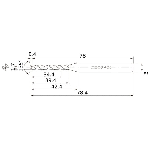MWS0170X20DB VP15TF 1.7 mm Dia. × 3 mm Shank × 39.4 mm Flute Length × 78.4 mm OAL, 135°, 2 Flute, Coolant Thru, Solid Carbide Drill