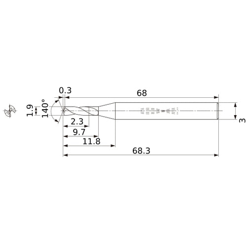 MWS0190SB VP15TF 1.9 mm Dia. × 3 mm Shank × 9.7 mm Flute Length × 68.3 mm OAL, 140°, 2 Flute, Coolant Thru, Solid Carbide Drill