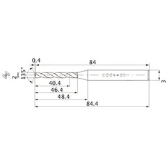 MWS0200X20DB VP15TF 2 mm Dia. × 3 mm Shank × 46.4 mm Flute Length × 84.4 mm OAL, 135°, 2 Flute, Coolant Thru, Solid Carbide Drill
