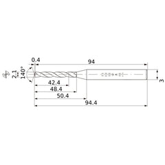 MWS0210X20DB VP15TF 2.1 mm Dia. × 3 mm Shank × 48.4 mm Flute Length × 94.4 mm OAL, 140°, 2 Flute, Coolant Thru, Solid Carbide Drill