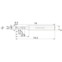 MWS0220SB VP15TF 2.2 mm Dia. × 3 mm Shank × 11.3 mm Flute Length × 74.3 mm OAL, 145°, 2 Flute, Coolant Thru, Solid Carbide Drill