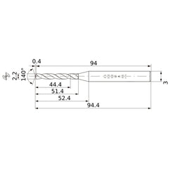 MWS0220X20DB VP15TF 2.2 mm Dia. × 3 mm Shank × 51.4 mm Flute Length × 94.4 mm OAL, 140°, 2 Flute, Coolant Thru, Solid Carbide Drill