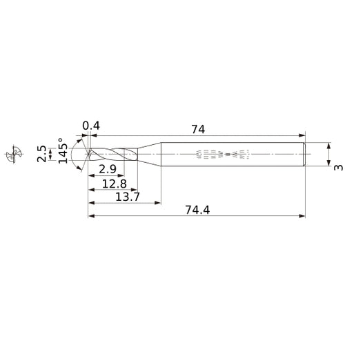 MWS0250SB VP15TF 2.5 mm Dia. × 3 mm Shank × 12.8 mm Flute Length × 74.4 mm OAL, 145°, 2 Flute, Coolant Thru, Solid Carbide Drill