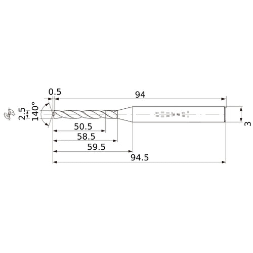 MWS0250X20DB VP15TF 2.5 mm Dia. × 3 mm Shank × 58.5 mm Flute Length × 94.5 mm OAL, 140°, 2 Flute, Coolant Thru, Solid Carbide Drill