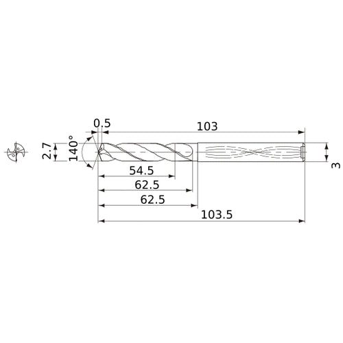 MWS0270X20DB VP15TF 2.7 mm Dia. × 3 mm Shank × 62.5 mm Flute Length × 103.5 mm OAL, 140°, 2 Flute, Coolant Thru, Solid Carbide Drill