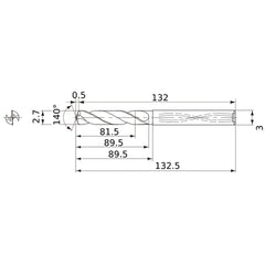 MWS0270X30DB VP15TF 2.7 mm Dia. × 3 mm Shank × 89.5 mm Flute Length × 132.5 mm OAL, 140°, 2 Flute, Coolant Thru, Solid Carbide Drill