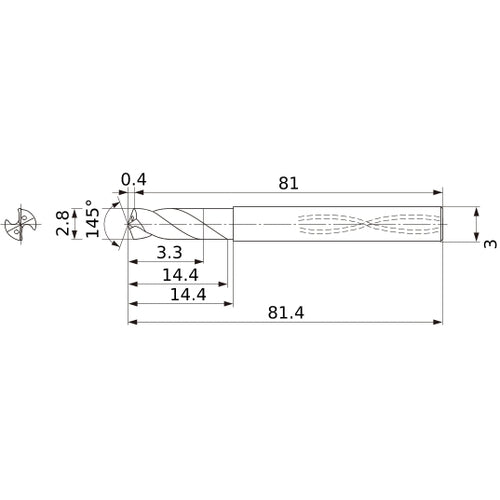 MWS0280SB VP15TF 2.8 mm Dia. × 3 mm Shank × 14.4 mm Flute Length × 81.4 mm OAL, 145°, 2 Flute, Coolant Thru, Solid Carbide Drill