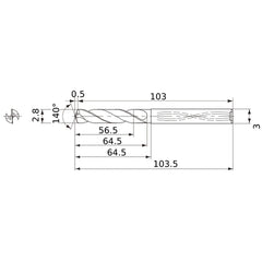 MWS0280X20DB VP15TF 2.8 mm Dia. × 3 mm Shank × 64.5 mm Flute Length × 103.5 mm OAL, 140°, 2 Flute, Coolant Thru, Solid Carbide Drill