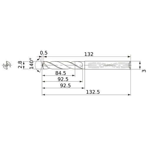 MWS0280X30DB VP15TF 2.8 mm Dia. × 3 mm Shank × 92.5 mm Flute Length × 132.5 mm OAL, 140°, 2 Flute, Coolant Thru, Solid Carbide Drill