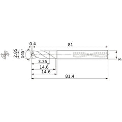 MWS0285SB VP15TF 2.85 mm Dia. × 3 mm Shank × 14.6 mm Flute Length × 81.4 mm OAL, 145°, 2 Flute, Coolant Thru, Solid Carbide Drill