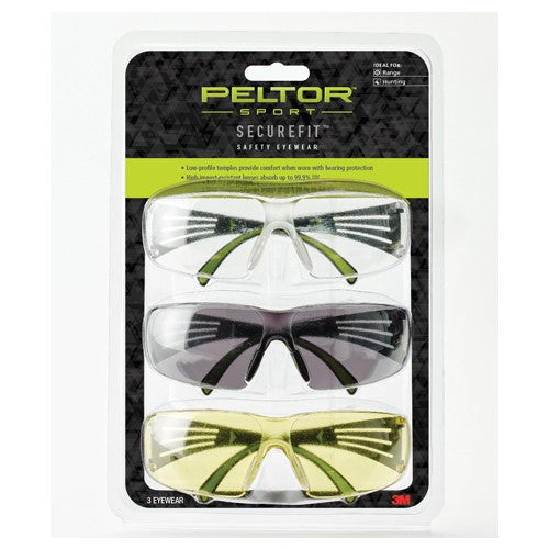 ‎Peltor Sport SecureFit Safety Eyewear SF400-P3PK-6 3 Pack: Clear + Amber + Gray Lenses AF - Apex Tool & Supply