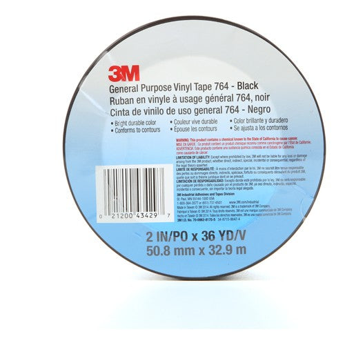 3M General Purpose Vinyl Tape 764 Black 2″ × 36 yd 5 mil Individually Wrapped Conveniently Packaged - Apex Tool & Supply