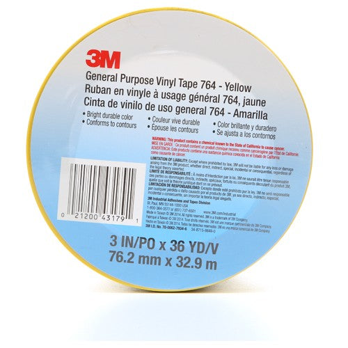 3M General Purpose Vinyl Tape 764 Yellow 3″ × 36 yd 5 mil Individually Wrapped Conveniently Packaged - Apex Tool & Supply
