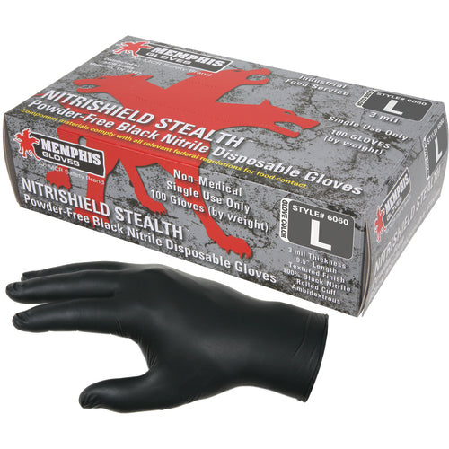 NitriSheild Stealth Gloves - 3 mil Black Nitrile - Industrial/Food Grade - Powder Free - Box of 100 - Size X-Large - Apex Tool & Supply