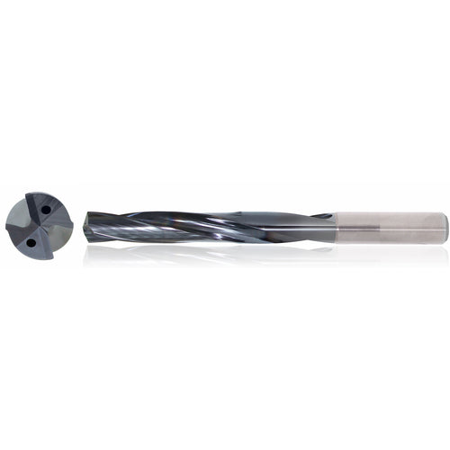 3/16″ Dia. × 6 mm Shank × 44 mm Flute Length × 82 mm OAL, 5xD, TiAlN, 2 Flute, Coolant Thru, h6, Cylindrical, Solid Carbide Drill Series/List #5614 - Exact Industrial Supply