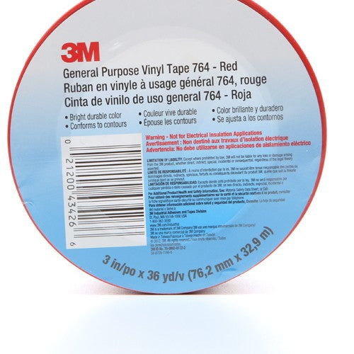3M General Purpose Vinyl Tape 764 Red 3″ × 36 yd 5 mil Individually Wrapped Conveniently Packaged - Apex Tool & Supply