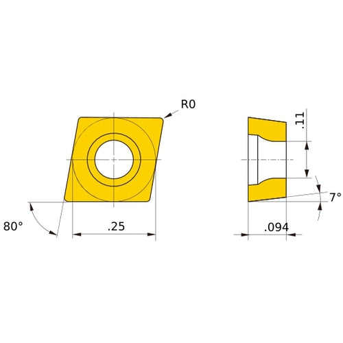 CCET 21.5 R-SN HTi10, 0 mm Corner Radius, 2.38 mm Thick, 6.35 mm Inscribed Circle, Turning Indexable Insert