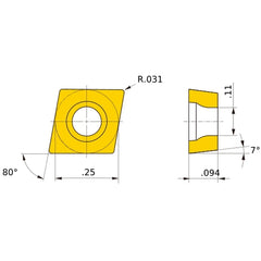 CCMT 21.52 LM VP15TF, 0.8 mm Corner Radius, 2.38 mm Thick, 6.35 mm Inscribed Circle, Turning Indexable Insert