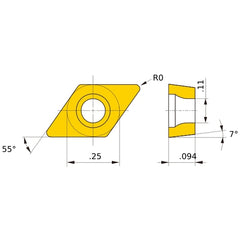 DCET 21.5 L-SN HTi10, 0 mm Corner Radius, 2.38 mm Thick, 6.35 mm Inscribed Circle, Turning Indexable Insert