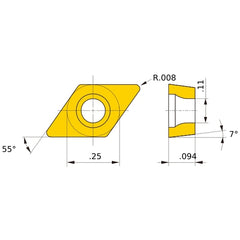 DCET 21.50.5 L-SR HTi10, 0.2 mm Corner Radius, 2.38 mm Thick, 6.35 mm Inscribed Circle, Turning Indexable Insert