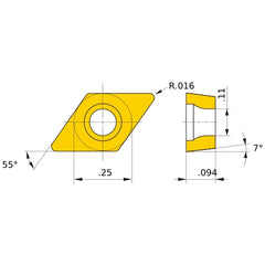 DCET 21.51 R-SN NX2525, 1/64″ Corner Radius, 3/32″ Thick, 1/4″ Inscribed Circle, Turning Indexable Insert
