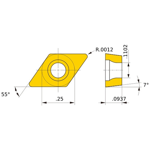 DCET 21.5 L-SR HTi10, 0.03 mm Corner Radius, 2.38 mm Thick, 6.35 mm Inscribed Circle, Turning Indexable Insert
